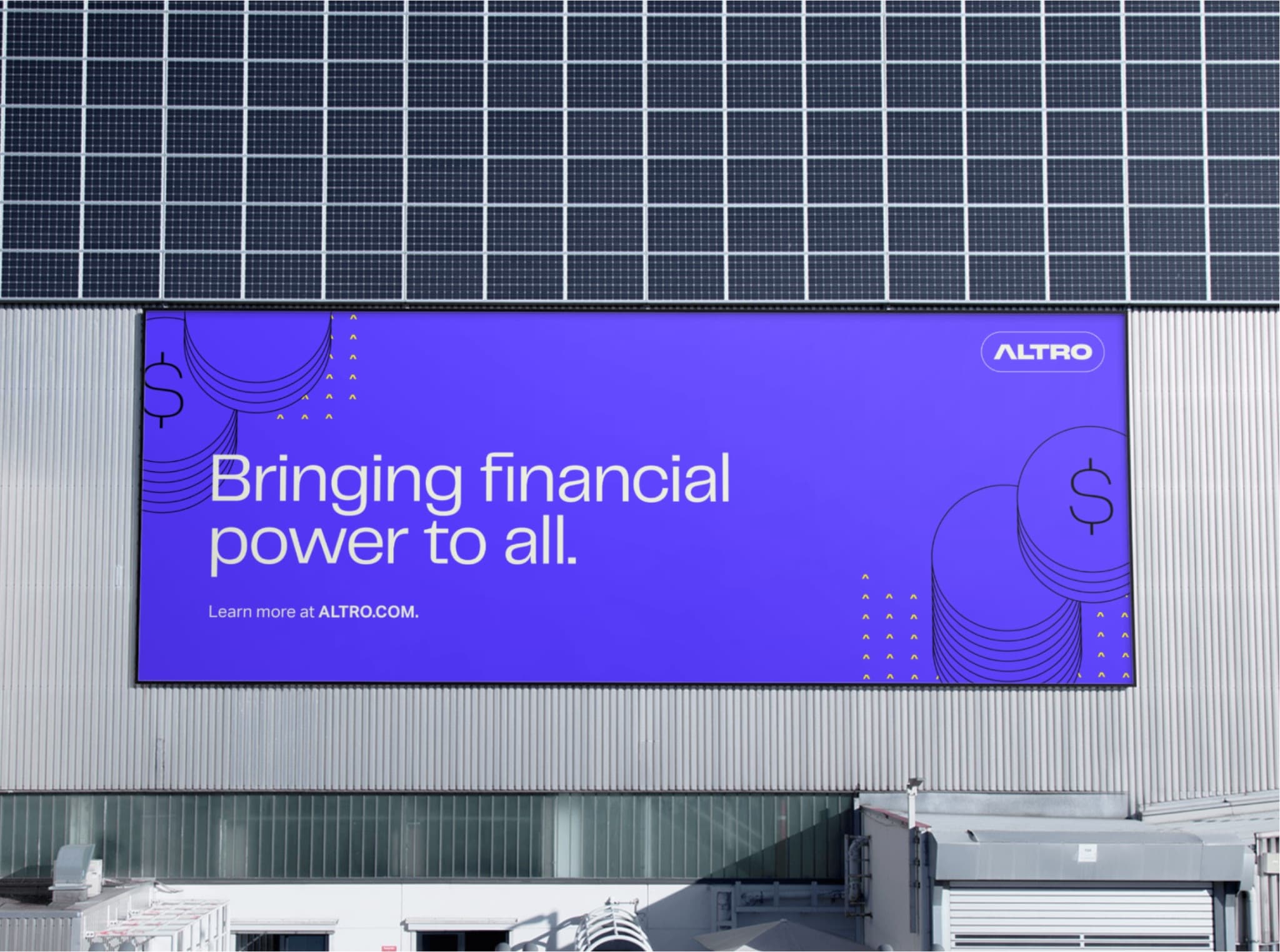 Altro billboard on a building: “Bringing financial power to all.”