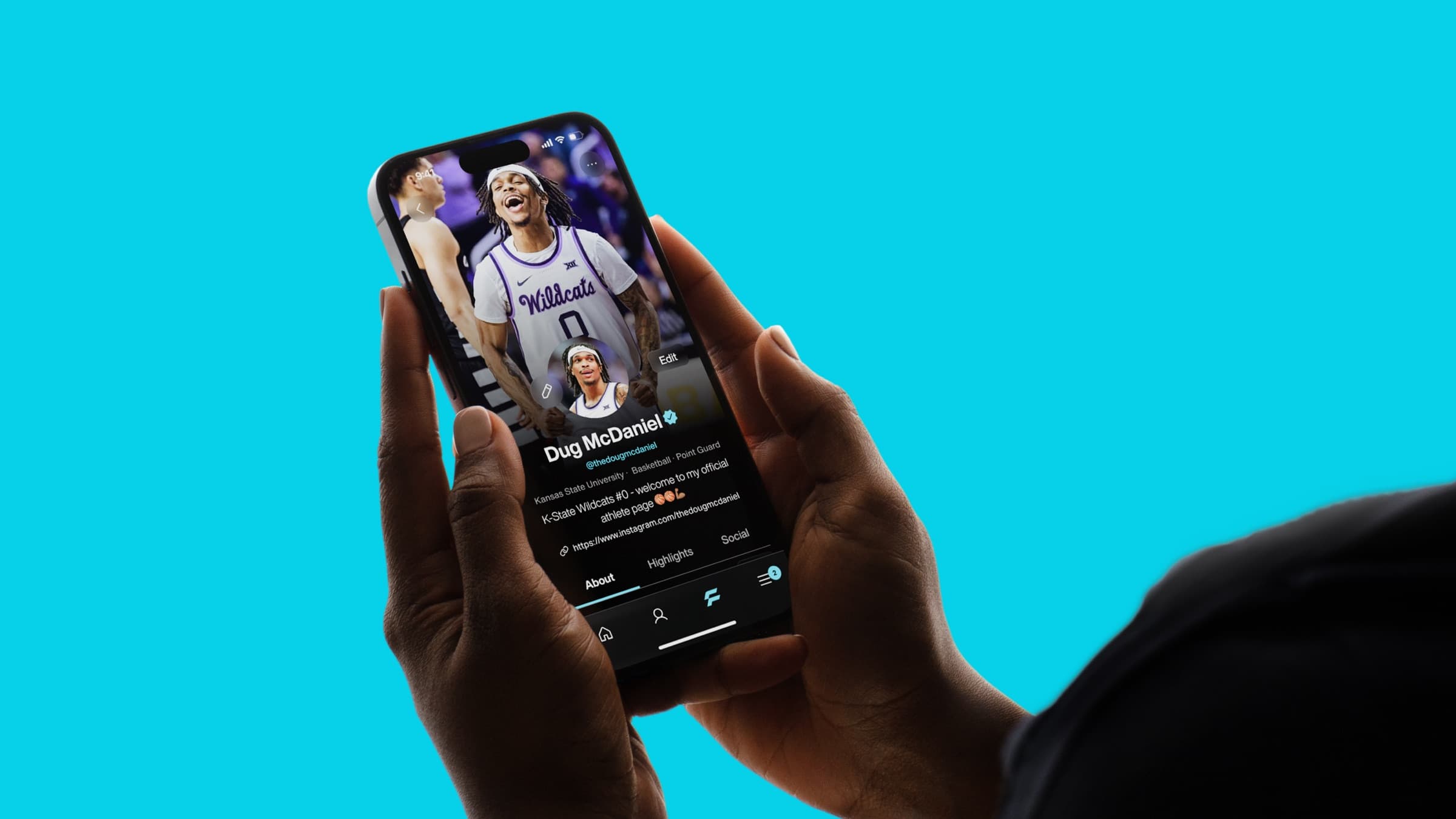 An athlete profile in the FLX Sports app, held against a cyan background