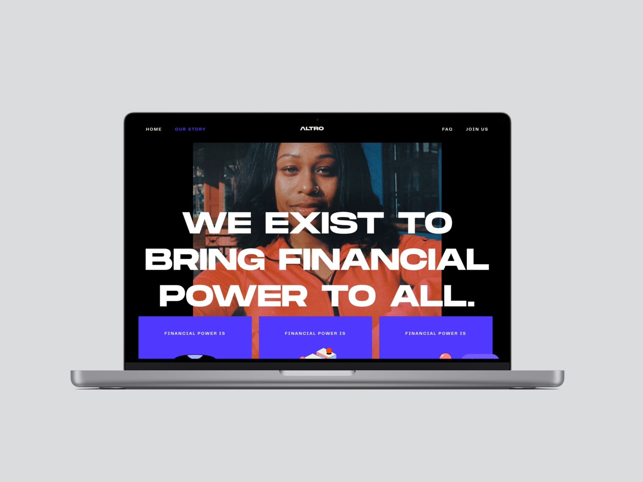 The Altro website on a laptop: “We exist to bring financial power to all.”