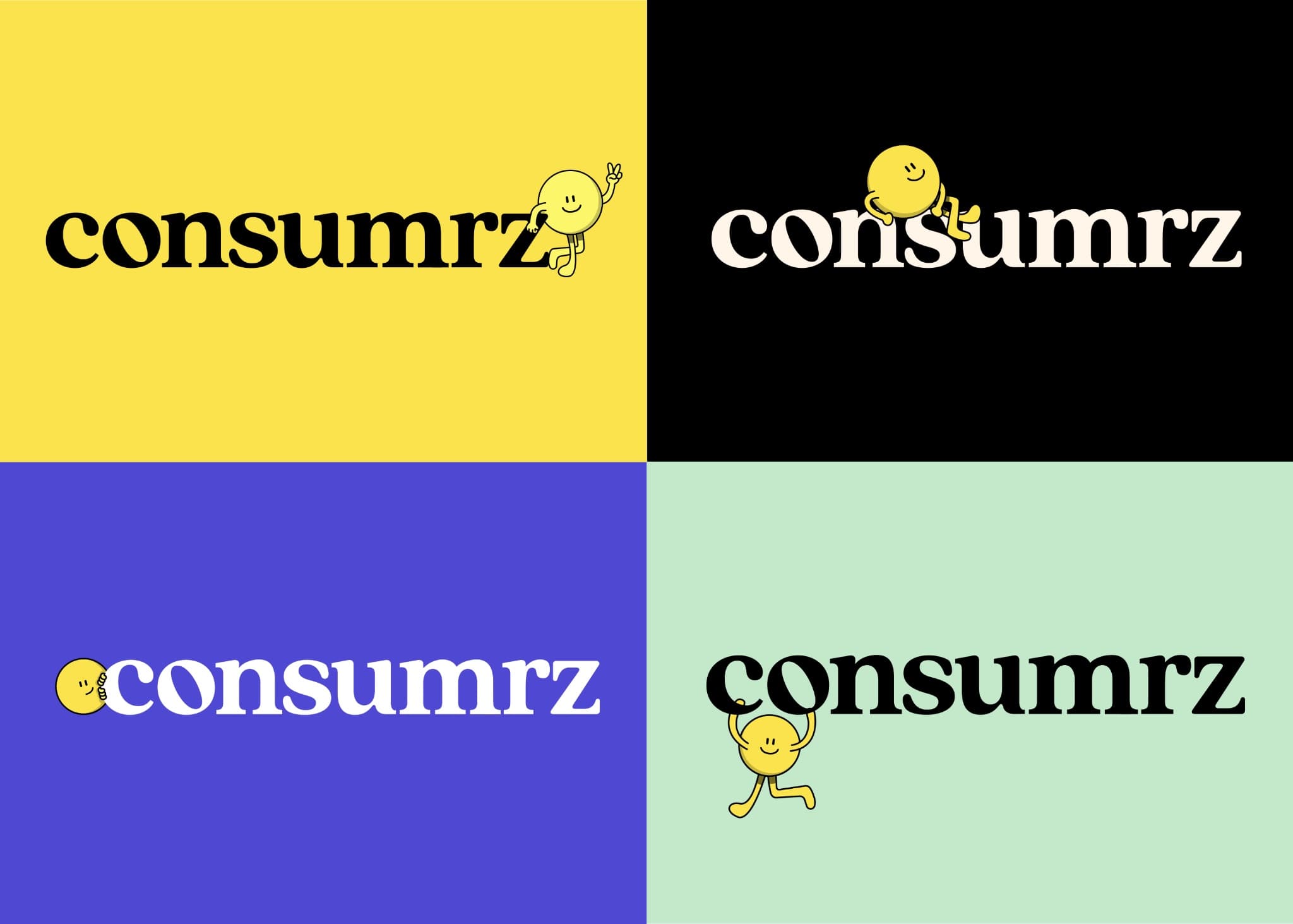 The Consumrz logo in four colorways: yellow, black, purple and mint