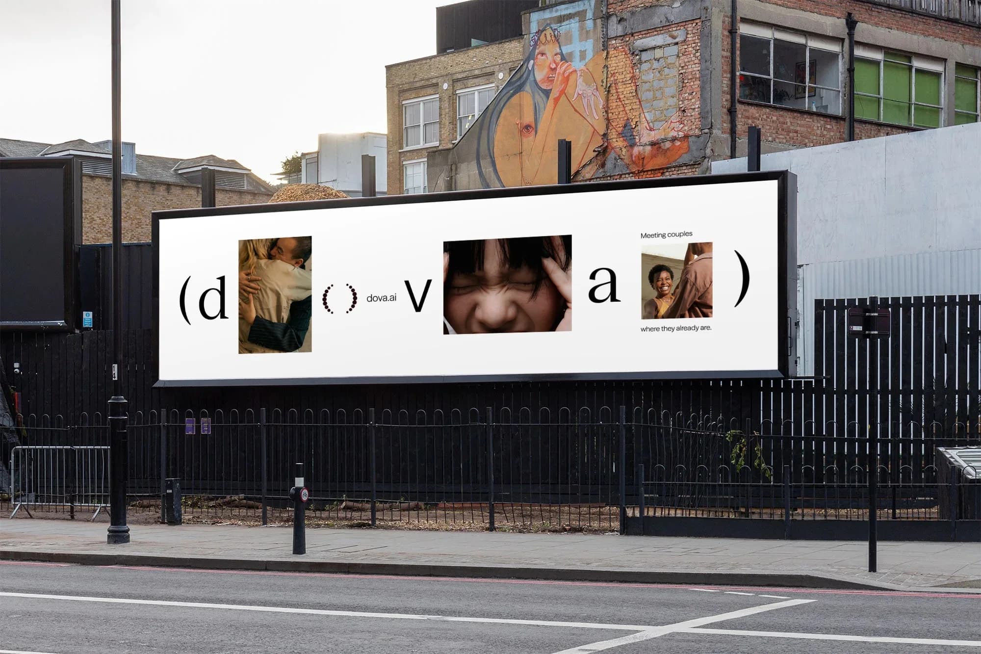 A Dova billboard on a London street: the letters of dova interleaved with photographs of couples, the mark in place of the o