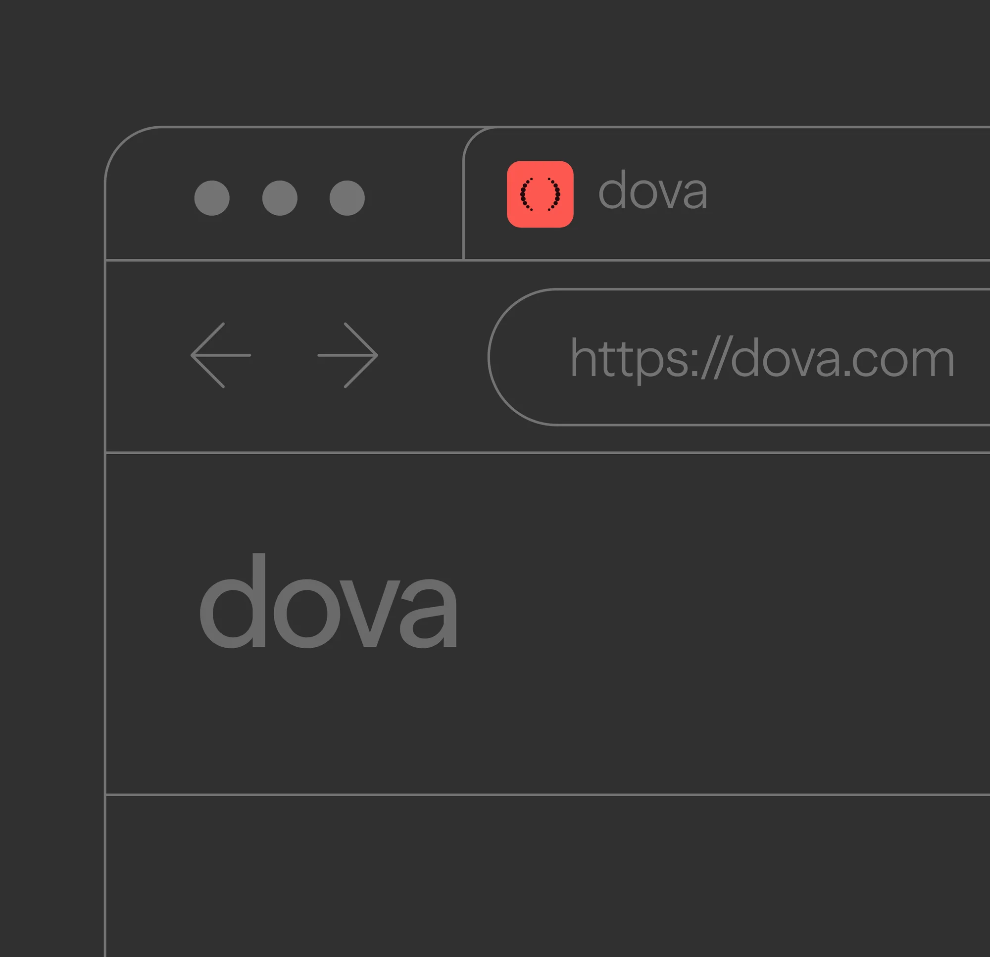 A browser wireframe with the Dova favicon in the tab and dova.com in the address bar