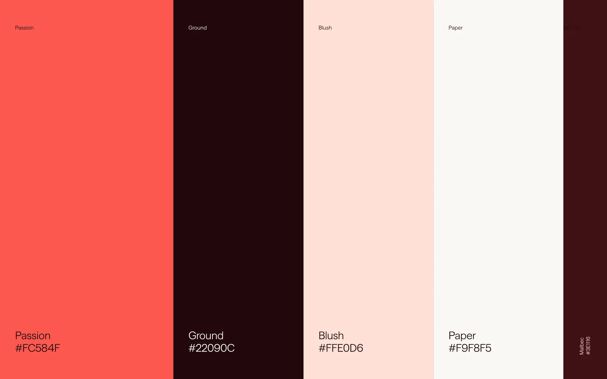 The Dova palette: Passion #FC584F, Ground #22090C, Blush #FFE0D6, Paper #F9F8F5 and Malbec #3E1116