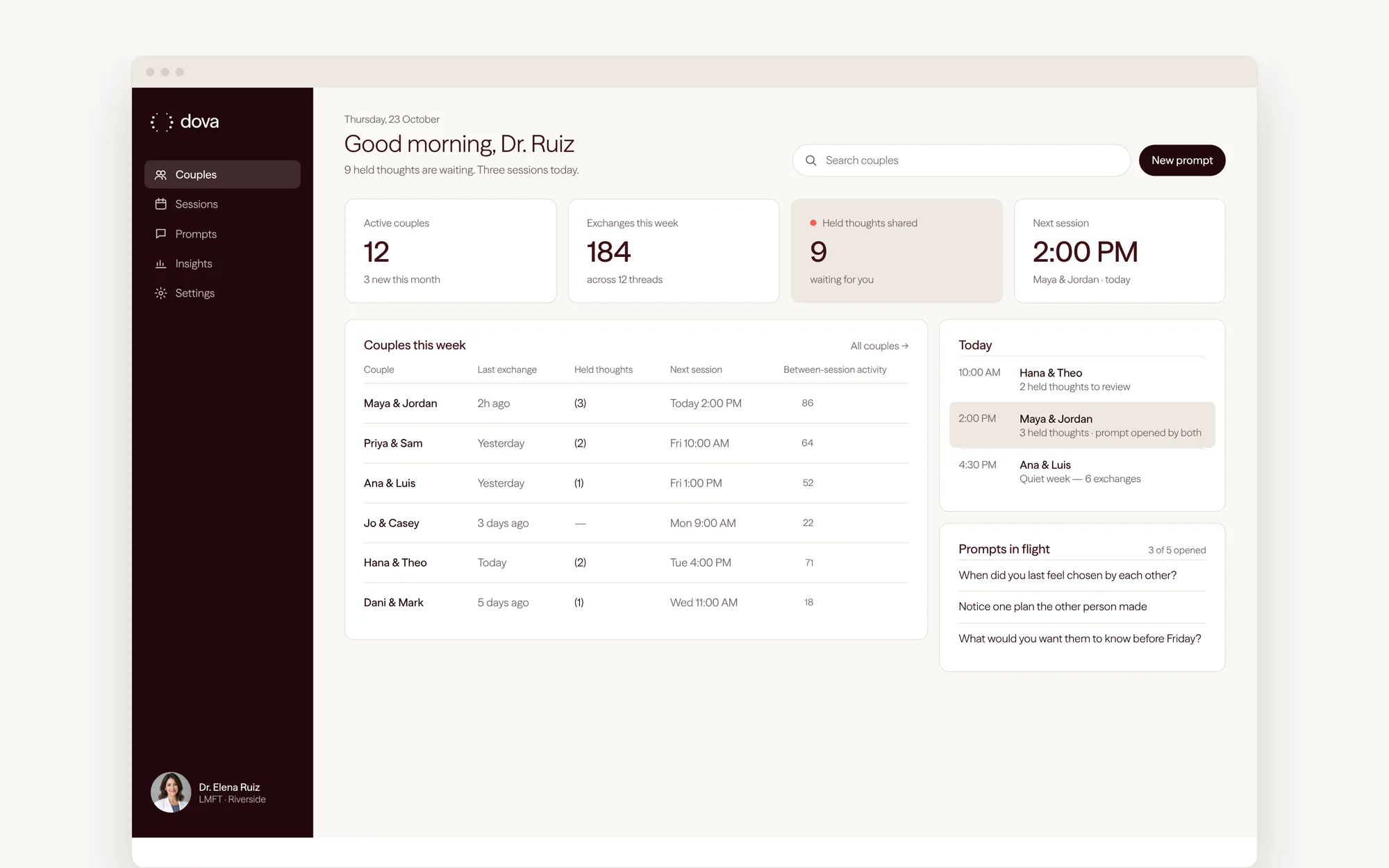 The Dova clinician dashboard: “Good morning, Dr. Ruiz”, couples this week, held thoughts waiting, today’s sessions and prompts in flight