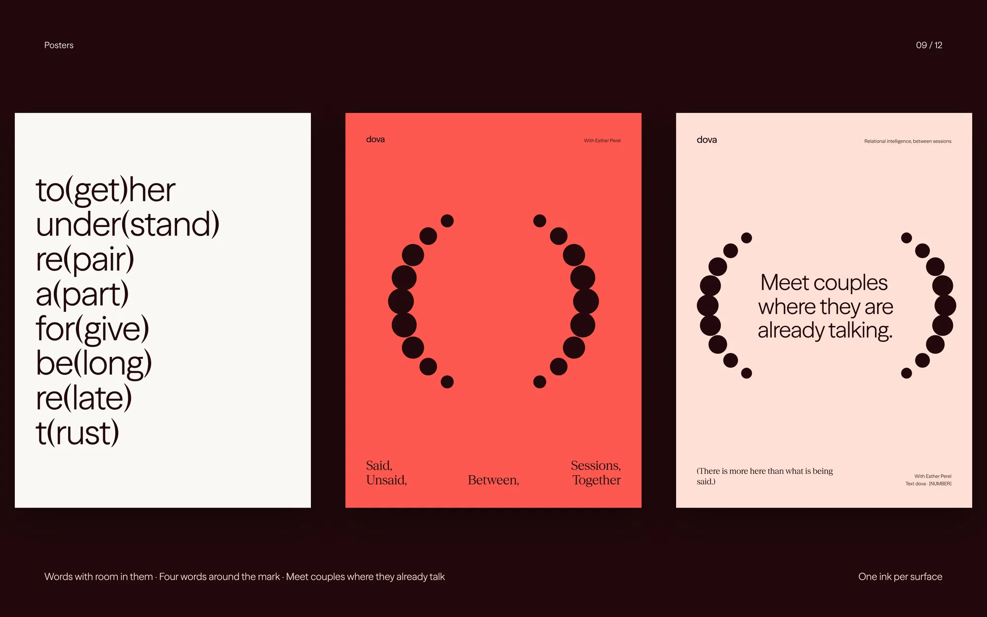 Three Dova posters: words with room in them on Paper, four words around the mark on Passion, and “Meet couples where they are already talking.” on Blush