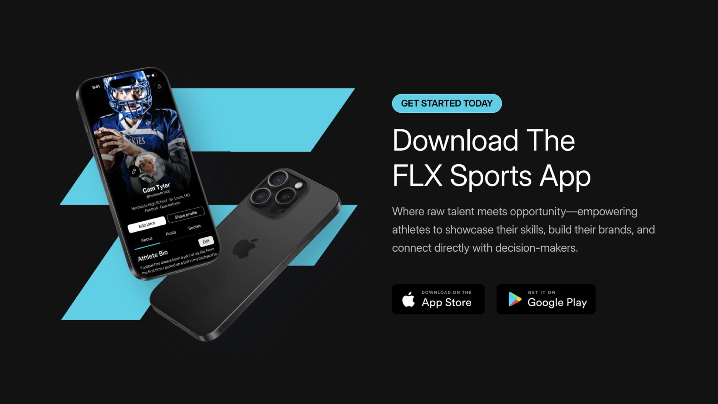 “Download the FLX Sports App” page with an athlete profile on a phone
