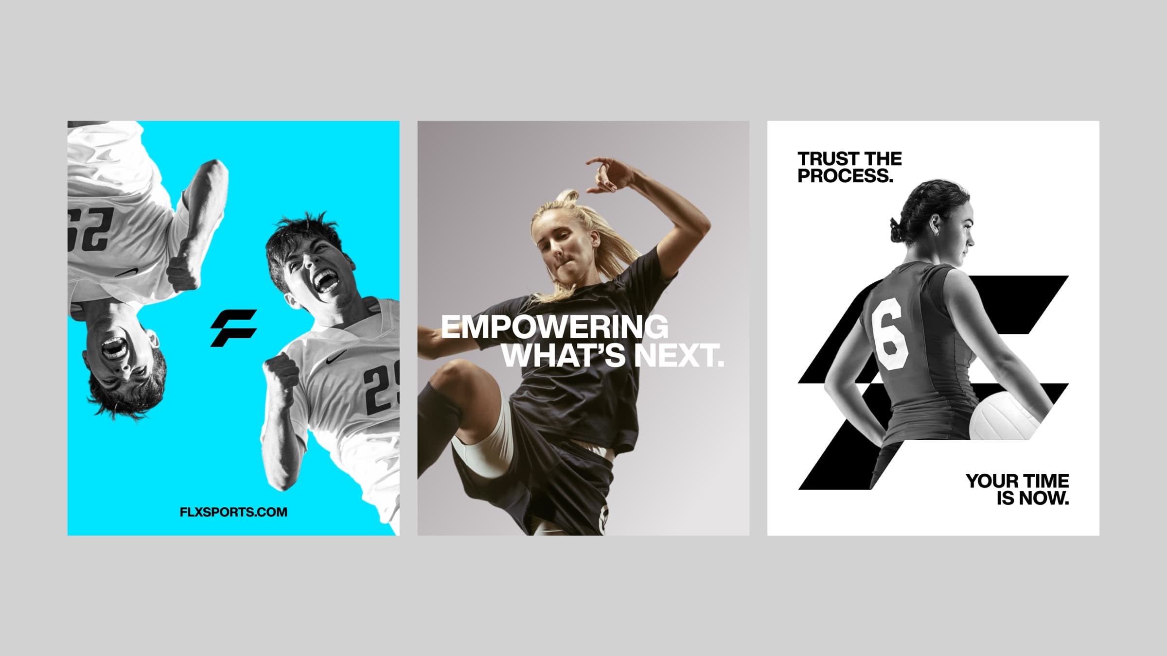 Three FLX Sports posters: “Empowering what’s next”, “Trust the process. Your time is now.”