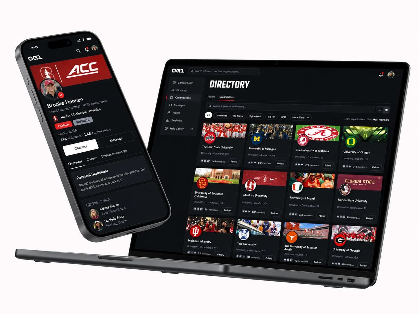 The OG1 organization directory on a laptop, beside a coach profile on a phone