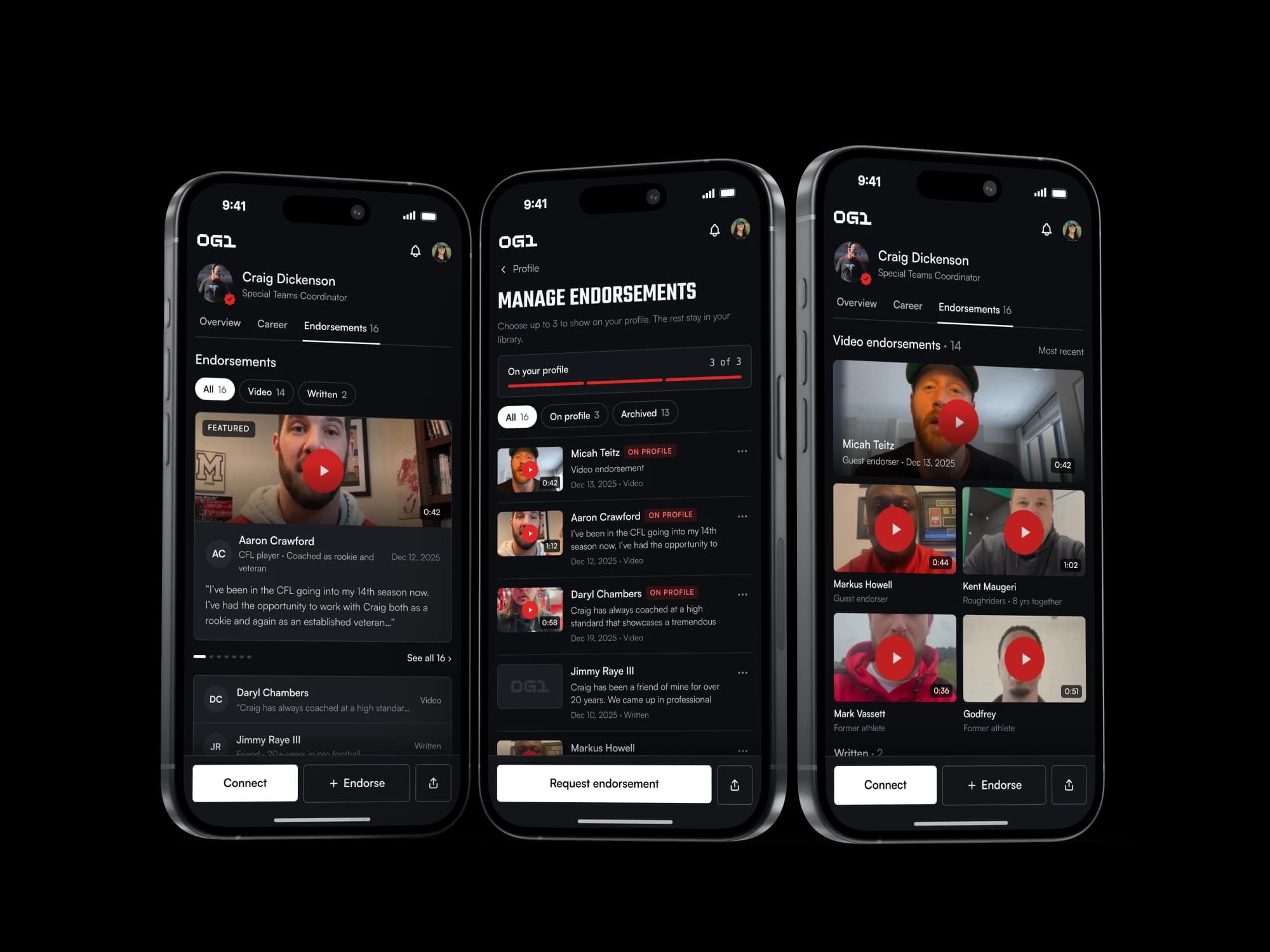 Three phones showing a coach’s video endorsements and the endorsement manager