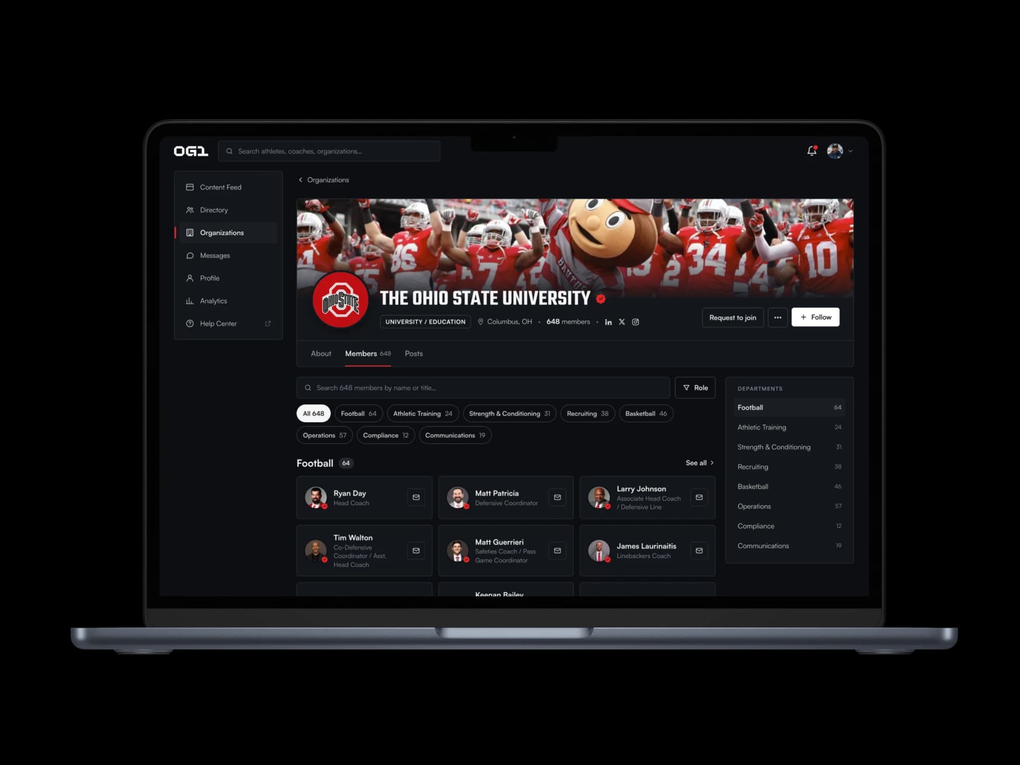 The Ohio State University organization page on OG1, listing football staff