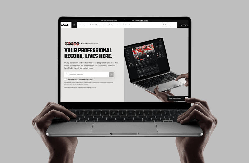 The og1.app homepage, “Your professional record, lives here.”, on a laptop