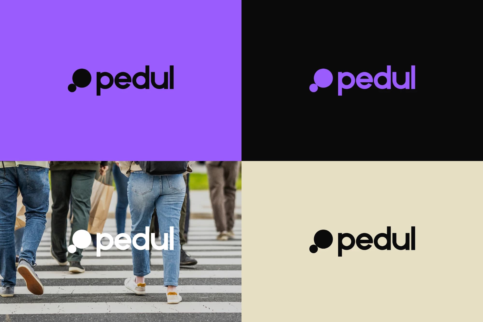 The pedul lockup in black on violet, violet on black, white on a street-crossing photo and black on sand