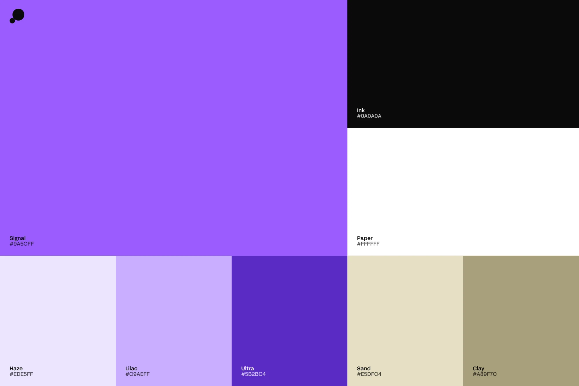 The pedul palette: Signal, Ink, Paper, Haze, Lilac, Ultra, Sand and Clay