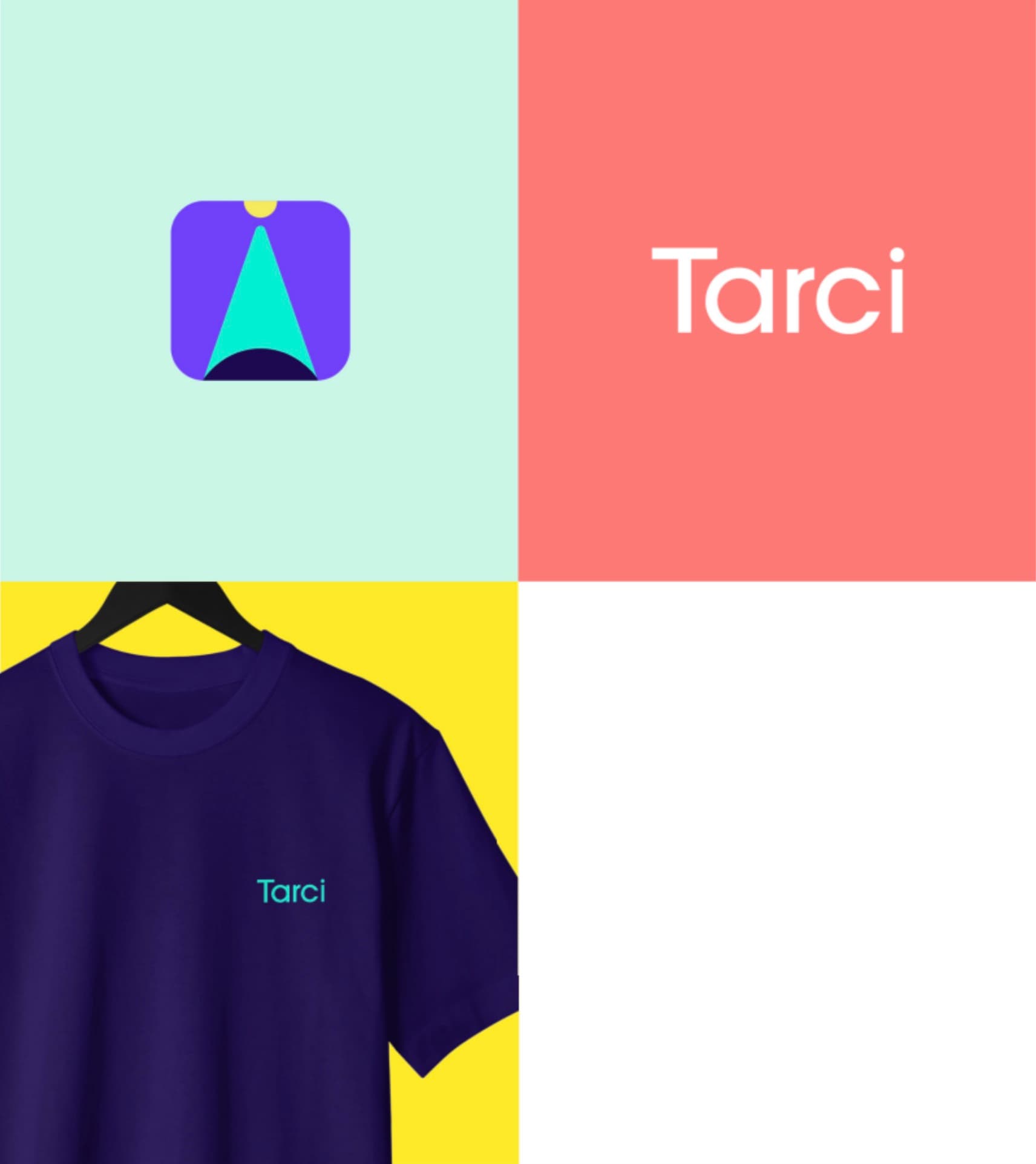 Tarci brand grid: app icon, wordmark and a purple t-shirt