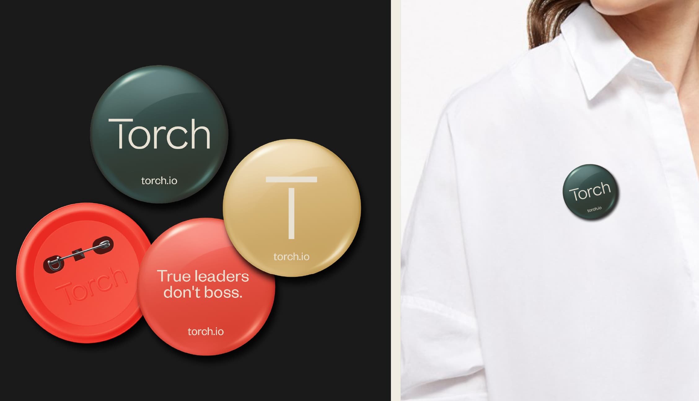 Torch pin badges, one worn on a white shirt
