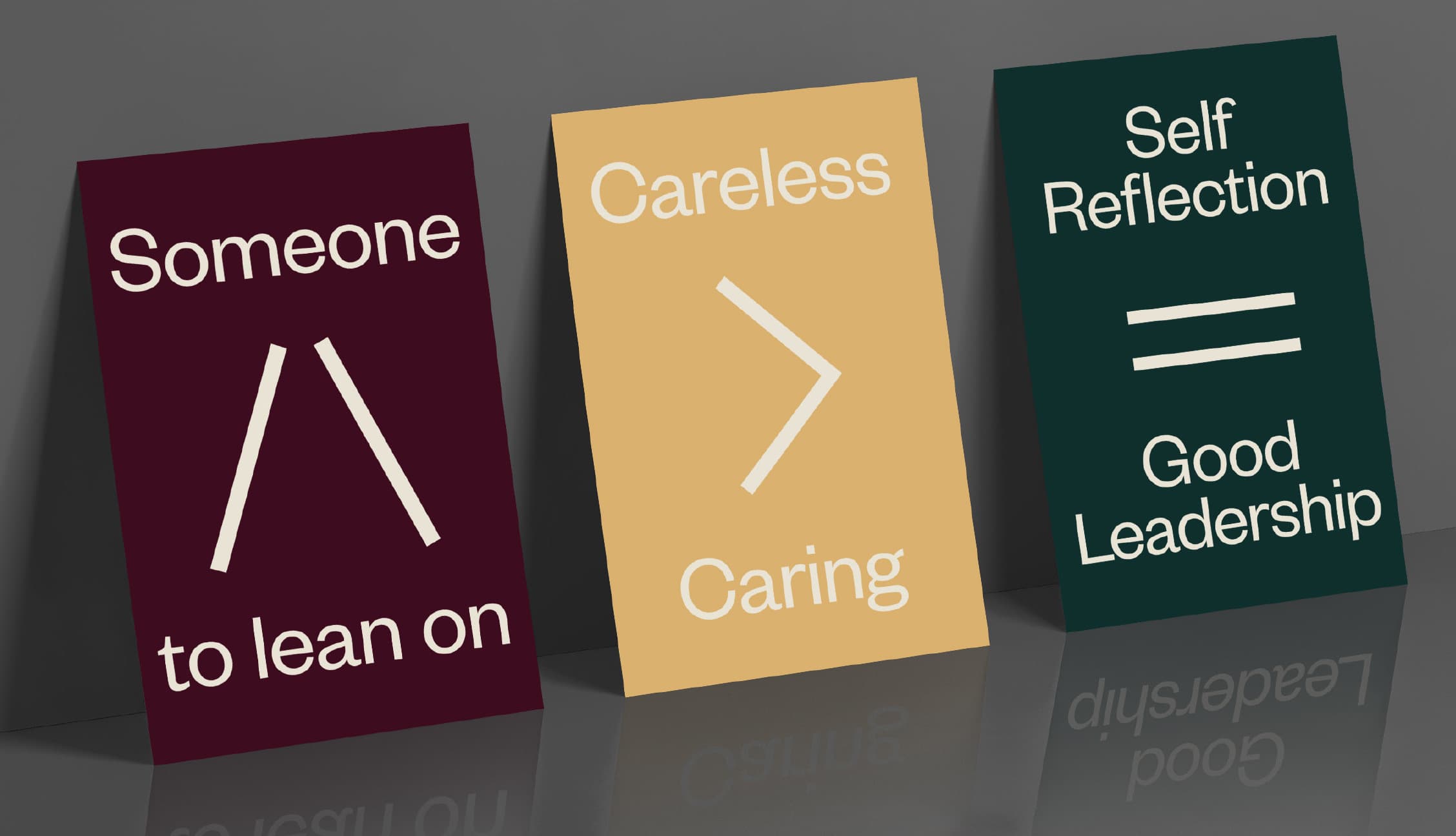 Torch value cards: Someone to lean on, Careless to Caring, Self Reflection equals Good Leadership