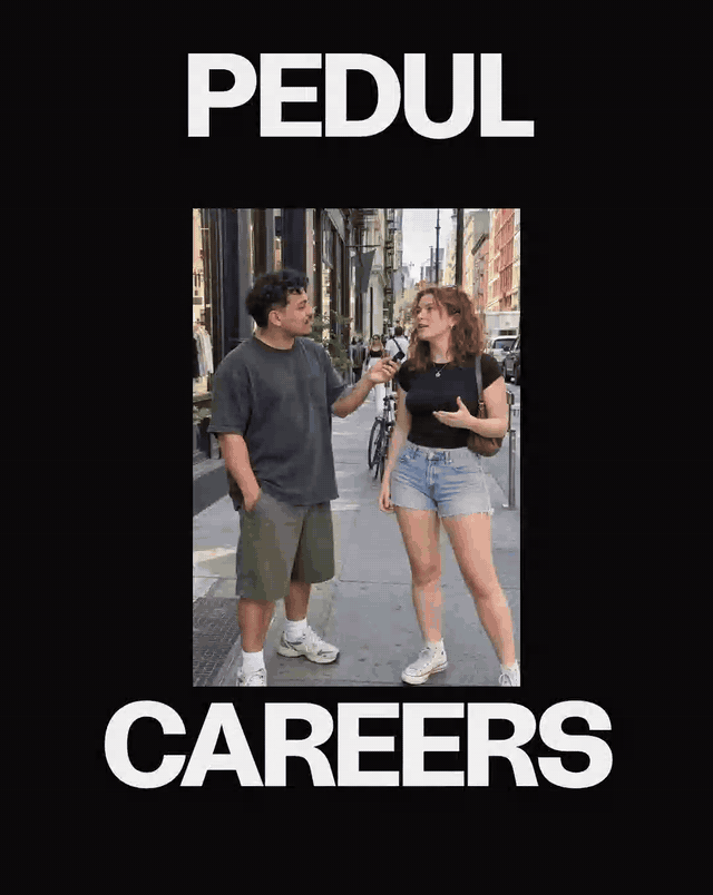 pedul careers poster: a creator interviewing someone on a city street