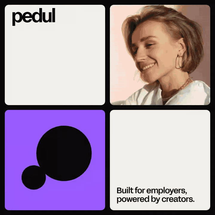 pedul social grid: wordmark, portrait, the two circles on violet and “Built for employers, powered by creators.”